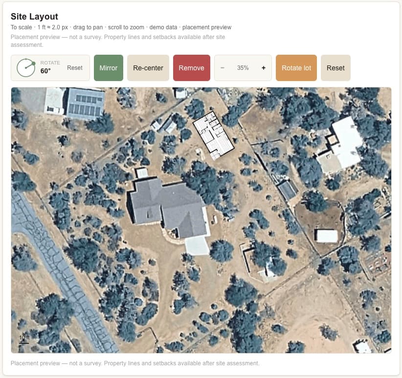 Site Layout tool showing a to-scale floor plan placed on an aerial lot map with rotate, zoom, and placement controls